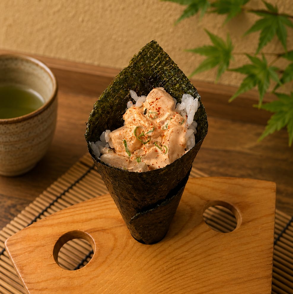 Spicy scallop hand roll.