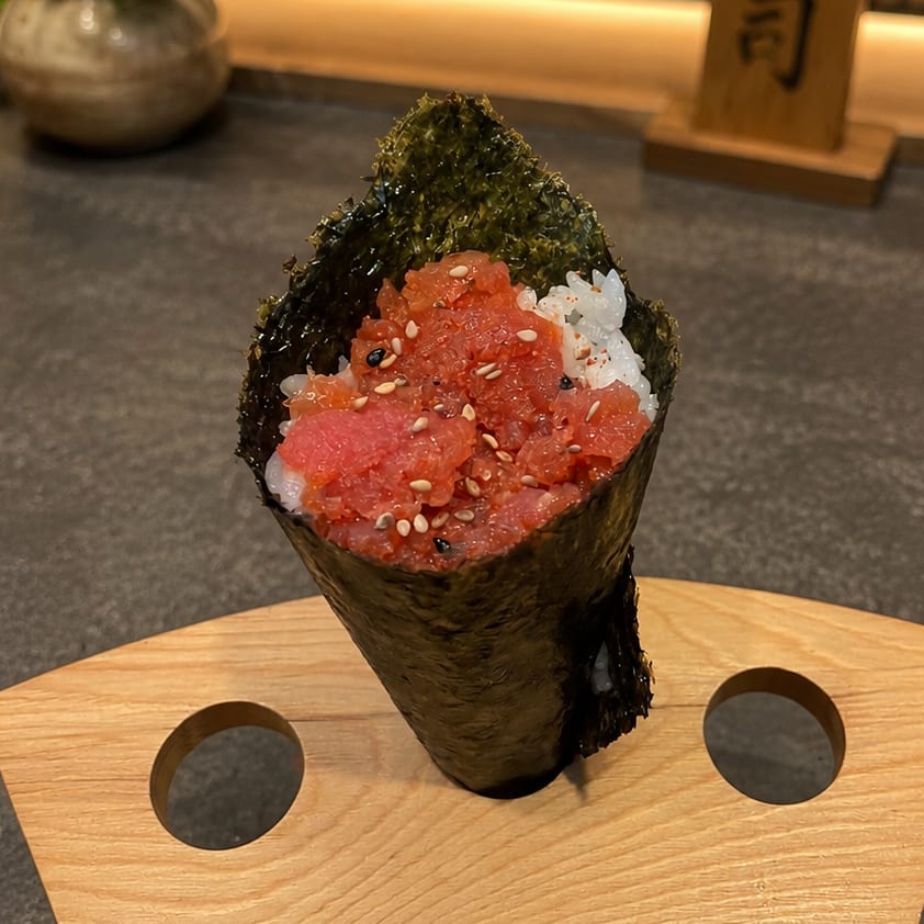 Spicy tuna hand roll.