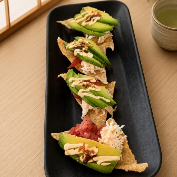 A black rectangular plate holds five crispy wonton chips topped with avocado, crab, and tuna.