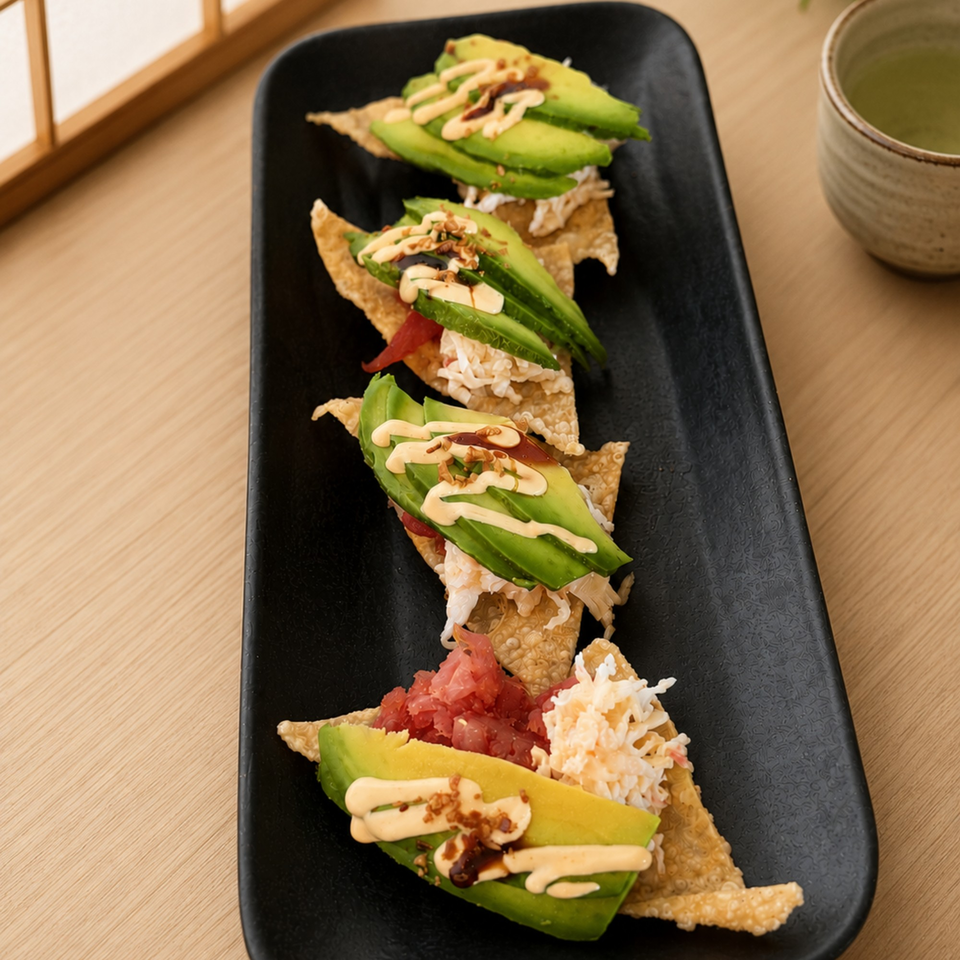 A black rectangular plate holds five crispy wonton chips topped with avocado, crab, and tuna.