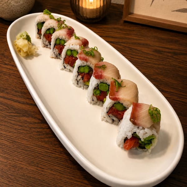 A long white plate holds seven sushi rolls with tuna, edamame, and fish topping, beside pickled ginger.