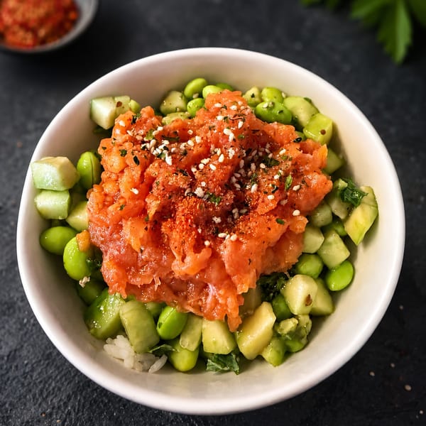 Close-up of a salmon poke bowl with edamame, cucumber, and rice, topped with sesame seeds.