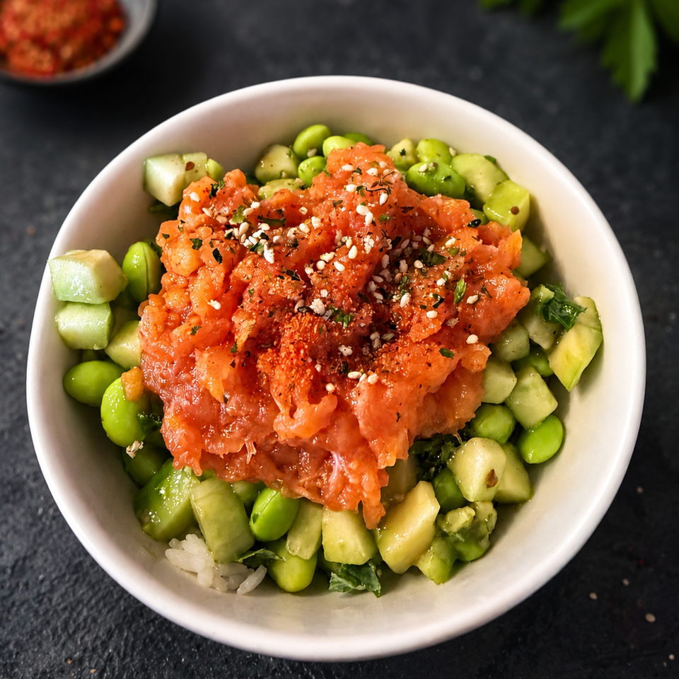 Close-up of a salmon poke bowl with edamame, cucumber, and rice, topped with sesame seeds.