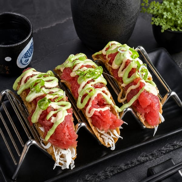 Three tuna tacos with green and white sauce, green onions, and shredded cabbage in a metal holder.