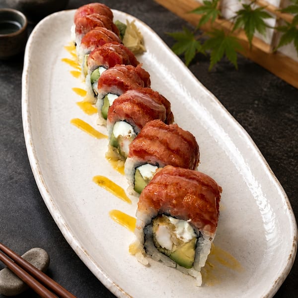Sushi roll with seared salmon, cream cheese, avocado, and shrimp, drizzled with yellow sauce.